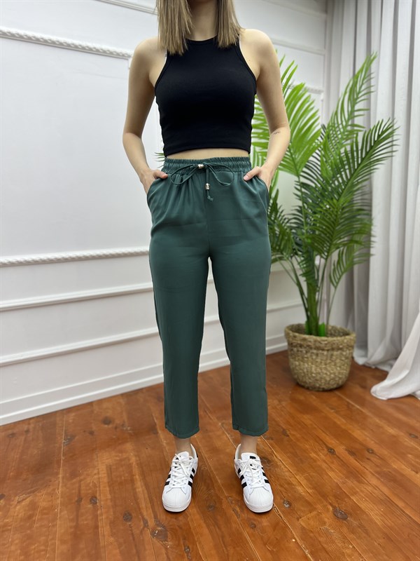 Büyük Beden Tensel Beli Lastikli Pantolon Yeşil