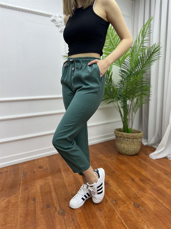 Büyük Beden Tensel Beli Lastikli Pantolon Yeşil
